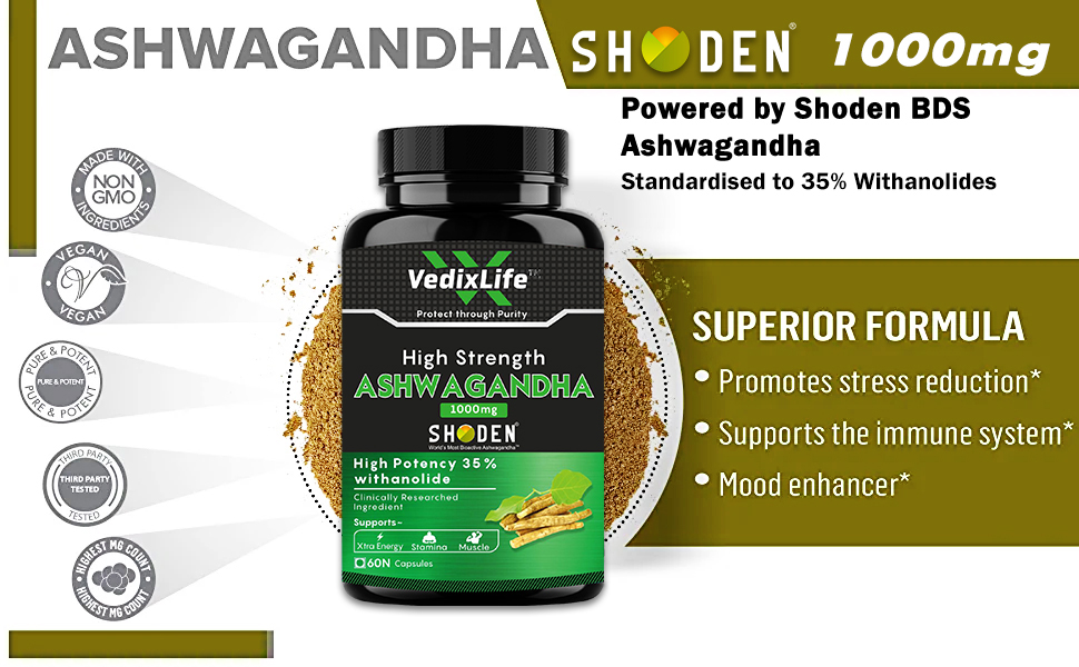 Ashwagandha Root Extract (Shoden®) – Clinically Proven 35% Withanolide Glycosides, Natural Stress Relief, Brain Support, Memory Booster, Focus & Mind Clarity Supplement | 60 Capsules