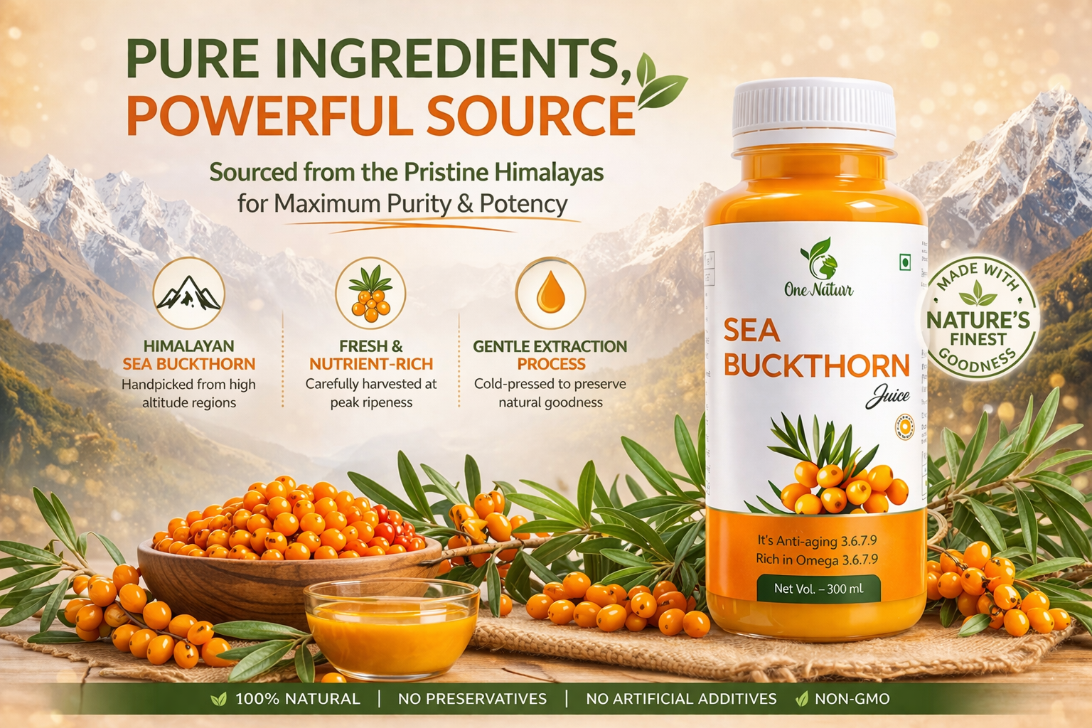One Naturr - Sea Buckthorn Juice, Himalayan Berry Juice - 300ml, Anti-aging, Rich in Omega 3 6 7 9, Orange, Liquid Form, Gluten Free (Pack of 2, 300ml each)