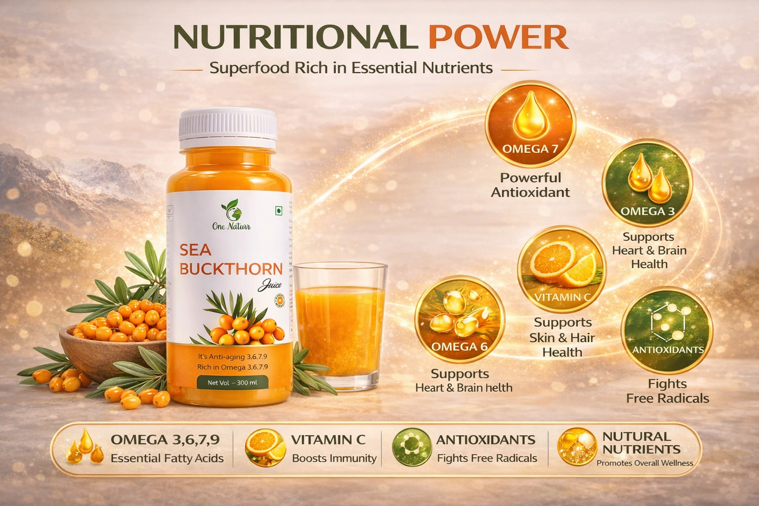 One Naturr - Sea Buckthorn Juice, Himalayan Berry Juice - 300ml, Anti-aging, Rich in Omega 3 6 7 9, Orange, Liquid Form, Gluten Free (3, 900 ml)