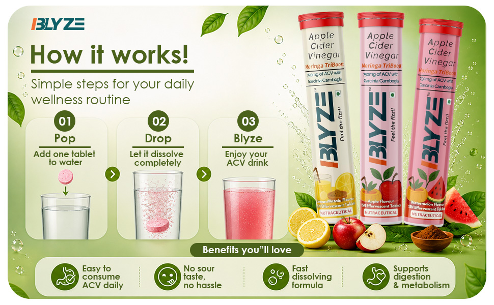 BLYZE ACV Moringa TriBoost, Apple Cider Vinegar 750mg with Moringa, Control Cravings and Weight Management, No Added Sugar, Effervescent Tablets, Apple Flavour, Pack of 2 (30 Tablets)