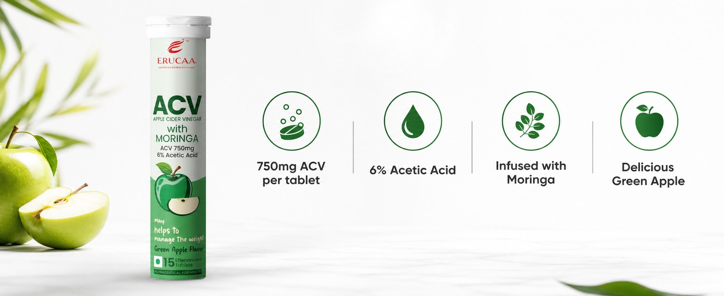 ACV Moringa | Control Cravings I Apple Cider Vinegar, Cinnamon, Guggul I No Maltodextrin & No Added Sugar I 15 Effervescent Tablets - Green Apple,