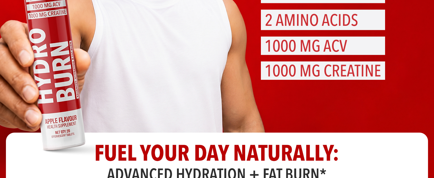 Hydro Burn | Advanced Hydration & Fat Loss | Creatine | Apple Cider Vinegar | 5 Electrolytes + 2 Vitamins + 2 Amino Acids | Instant & Sustained Energy | Supports Fat Reduction | Electrolyte Drink |20 Tabs