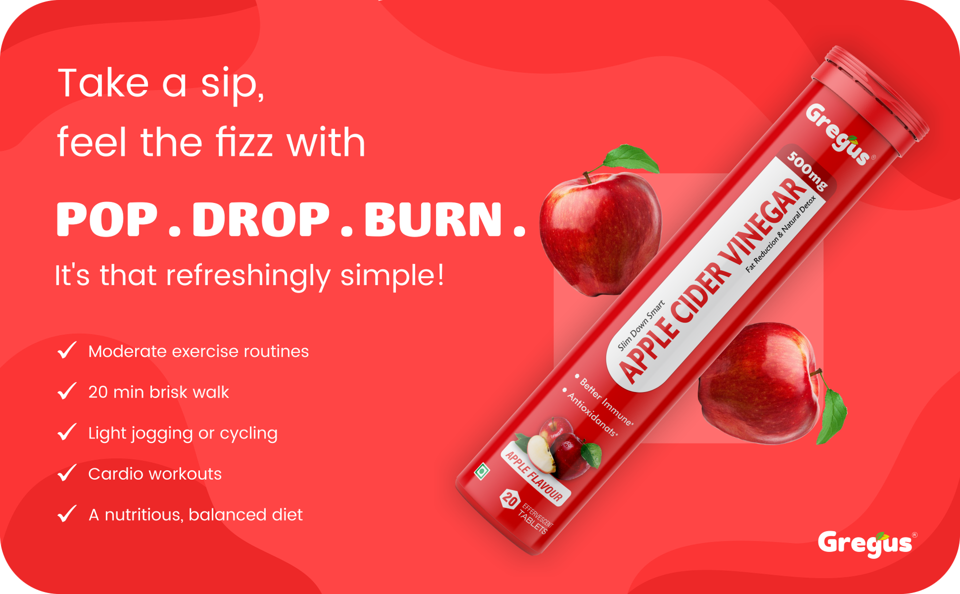 Apple Cider Vinegar Effervescent Tablets | 500mg Apple Cider Vinegar with Pomegranate Extract, Vitamin C, Vitamin B6 & Vitamin B12 | Zero Sugar | Refreshing Wellness Drink | 20 Effervescent Tablets - Pack of 2