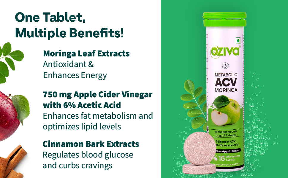 OZiva ACV Moringa Apple Cider Vinegar Tablets, Green Apple, Pack of 8