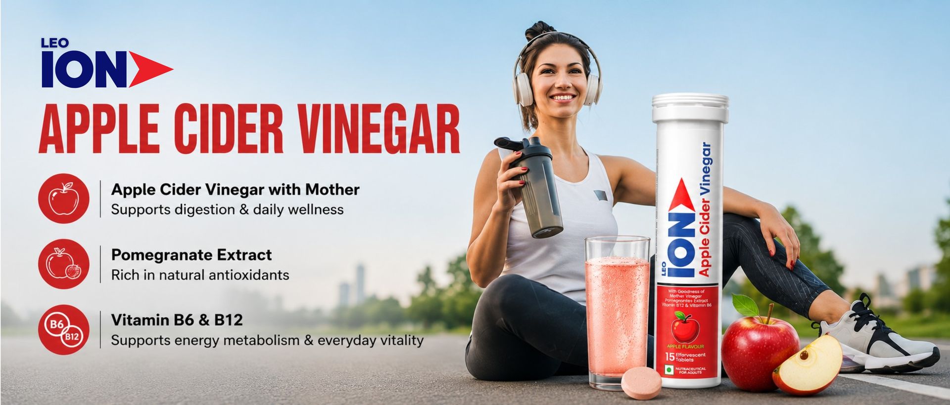LEO ION Apple Cider Vinegar 15 Effervescent Tablets | Formulated with Mother Vinegar, Pomegranate Extract, Vitamin B12 and Vitamin B6 Supplement | Weight Management, Metabolism and Digestive Health Support | Apple Flavour