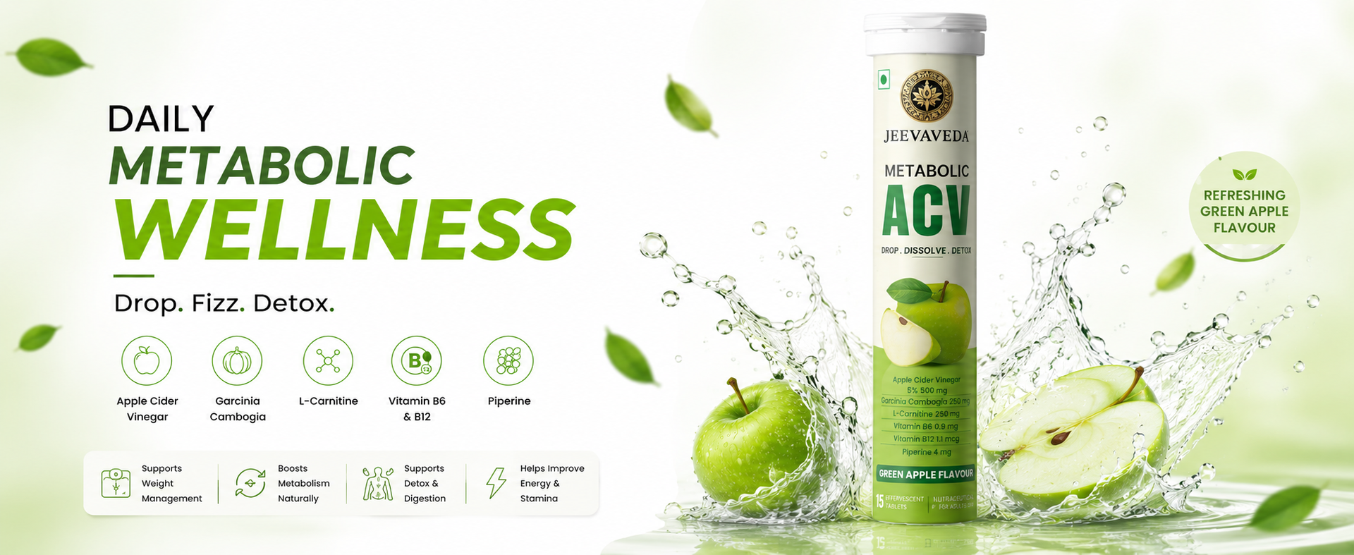 Apple Cider Vinegar Effervescent Tablets for Weight Loss | 120 Tabs (8 Tubes) | With Garcinia Cambogia, L-Carnitine, Vitamin B6 & B12 | Zero Sugar | Green Apple Flavour | Jeevaveda