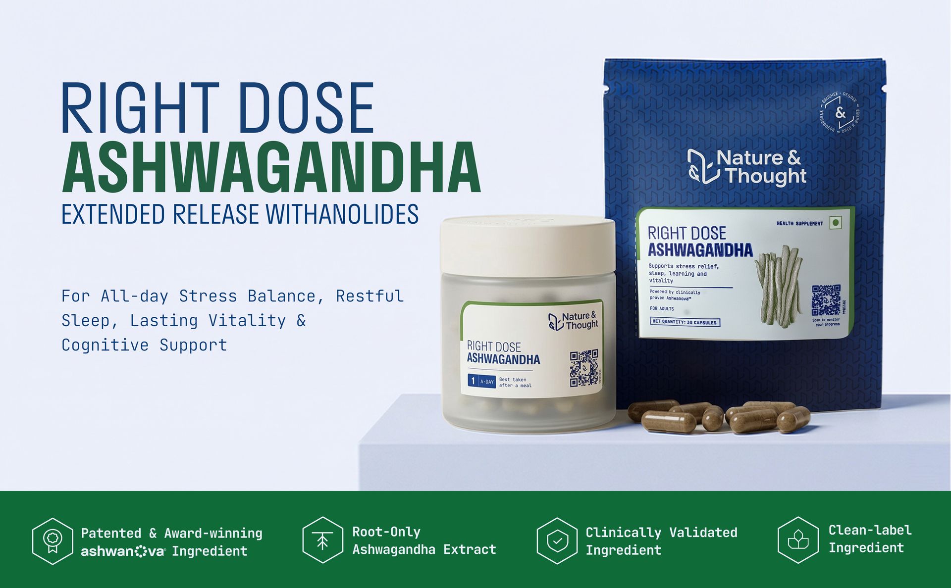Nature & Thought Right Dose Ashwagandha | Upto 12hr Extended Release ASHWANOVA™ |All Day Stress, Anxiety & Sleep Support | Clinically validated | 1-A-DAY | 30 Veg Capsules for Men & Women
