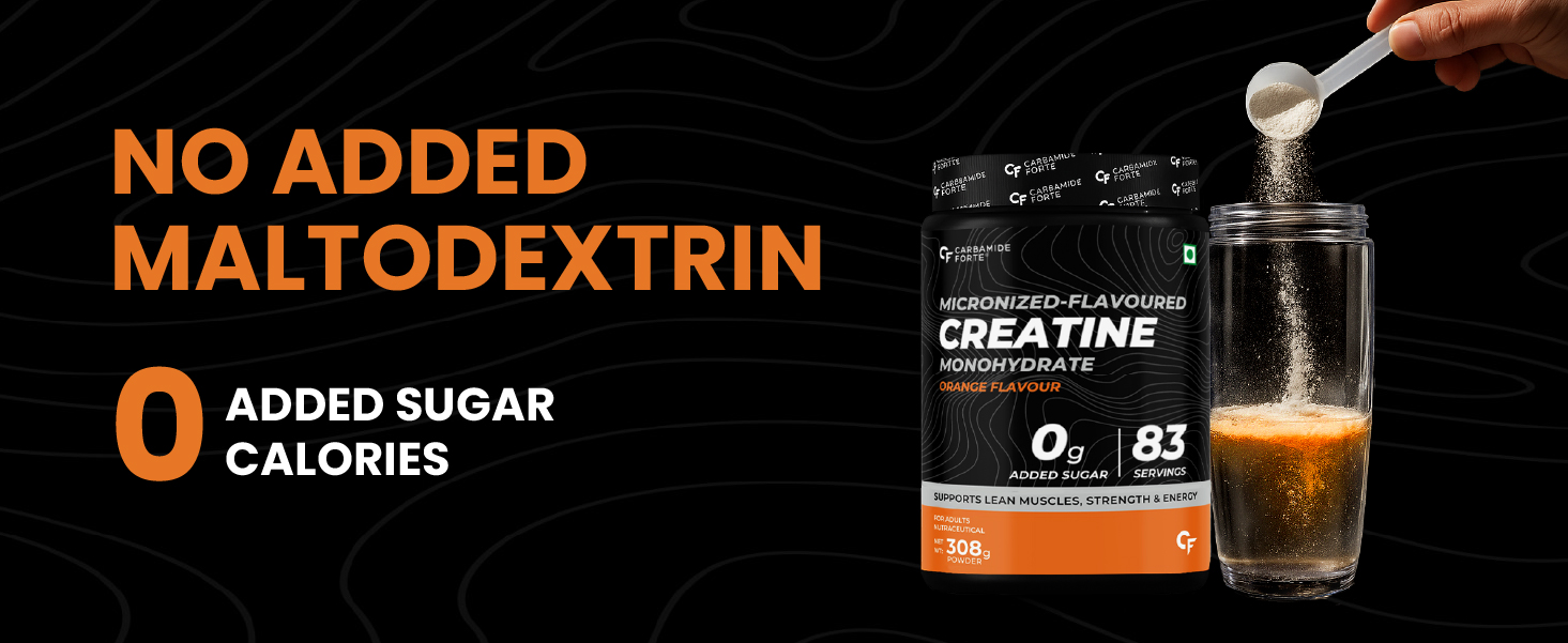 Carbamide Forte Creatine Powder | Creatine Monohydrate Powder 308g Orange Flavor For Lean Muscle, Strength & Energy | Gym Supplements For Men & Women- 308g