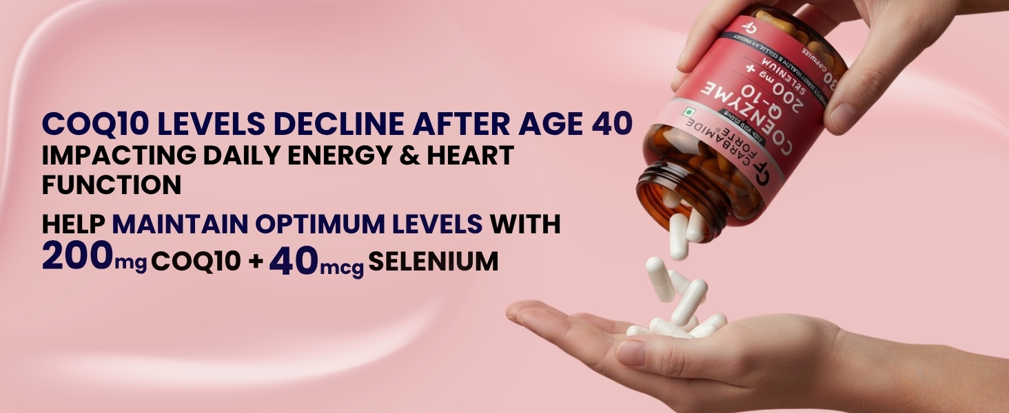 Carbamide Forte Coenzyme Q10 | CoQ10 Supplement 200mg with Selenium 40mcg | Coq10 Ubiquinol Supports Heart Function, Energy Production & Skin Health | 100% Vegetarian – 30 Capsules