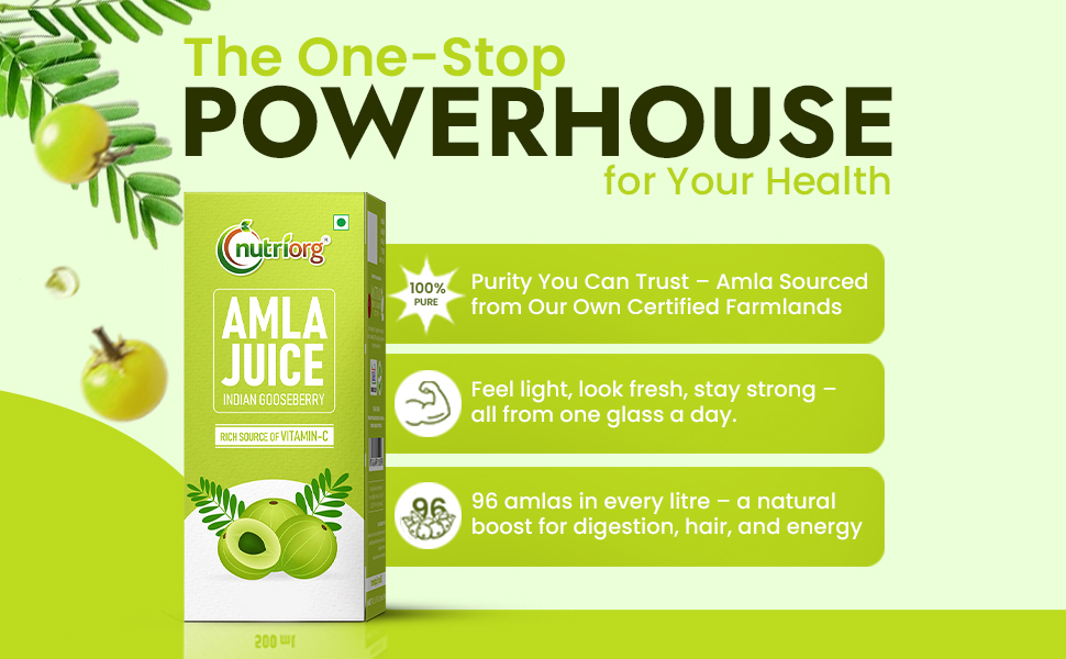 Nutriorg Natural Amla Juice 1 Ltr | Pure, Cold pressed & Pulp Extracted | No added sugar | Rich in Vitamin C | Beneficial for a Healthy Hair & Skin