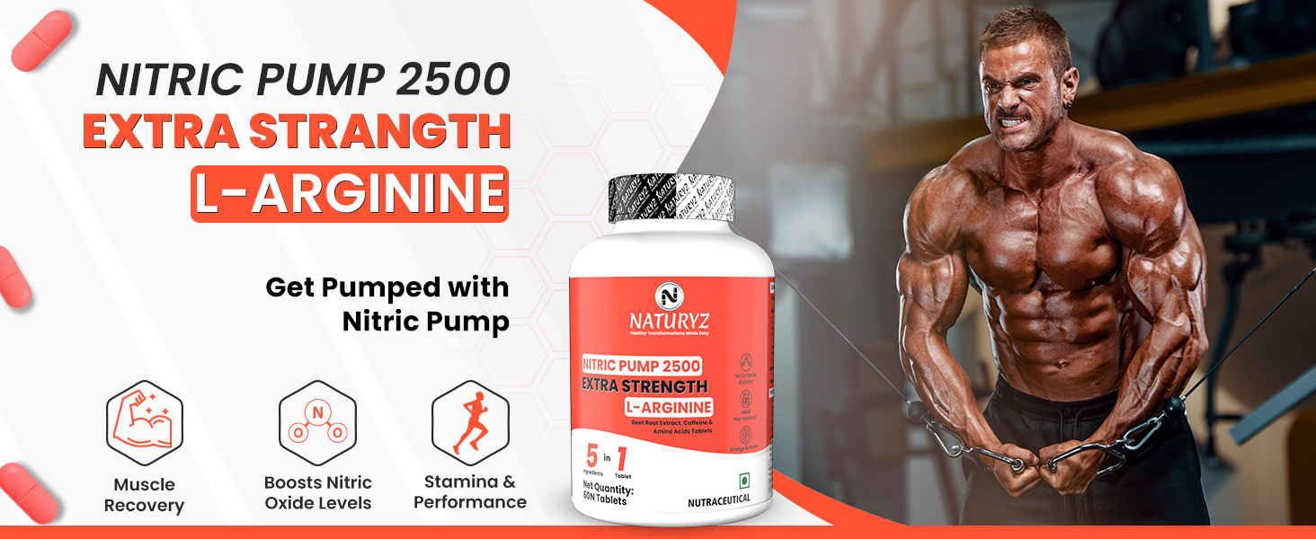 NATURYZ Nitric Pump 2500 Mg Extra Strength L-Arginine | L Citrulline | Caffeine | Boosts Stamina | Energy | Increases Blood Flow | Improves Performance | Ideal Pre-workout Supplement for Men & Women- 50 Tablets