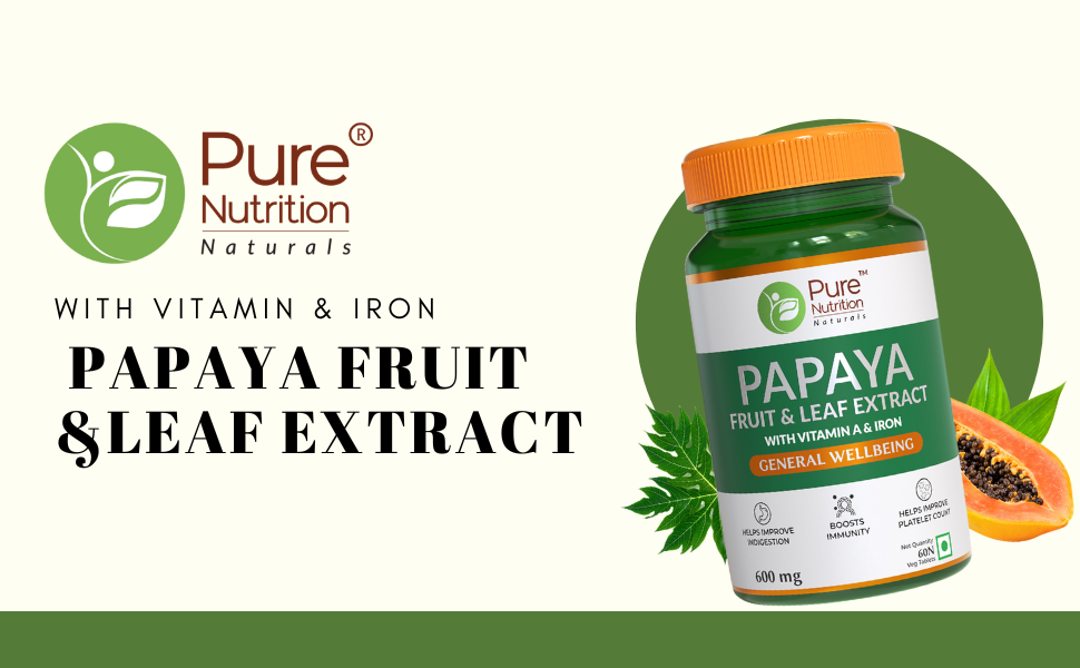 Pure Nutrition Papaya Leaf & Fruit Extract Tablets | Papaya Supplements With Vitamin C & Iron for Platelet Count, Dengue Relief, Immunity Boost & Better Digestion - 60 Veg Tablets