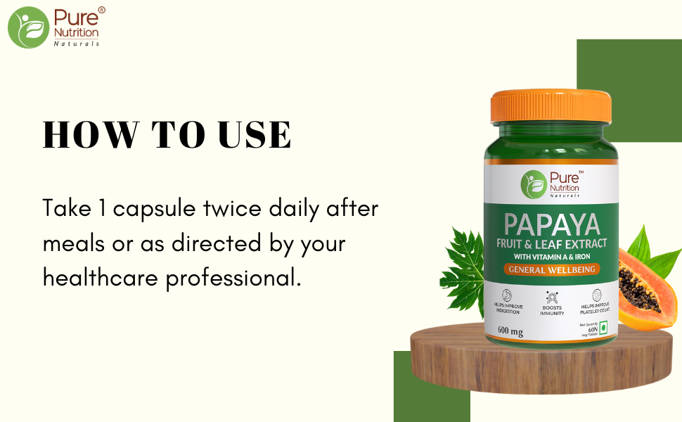 Pure Nutrition Papaya Leaf & Fruit Extract Tablets | Papaya Supplements With Vitamin C & Iron for Platelet Count, Dengue Relief, Immunity Boost & Better Digestion - 60 Veg Tablets