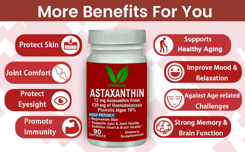 VITARUHE® Astaxanthin Supplement High Dose & Vegan, 12 mg Natural Astaxanthin Powder from Blood Rain Algae, 90 Capsules for 3 Months, No Additives