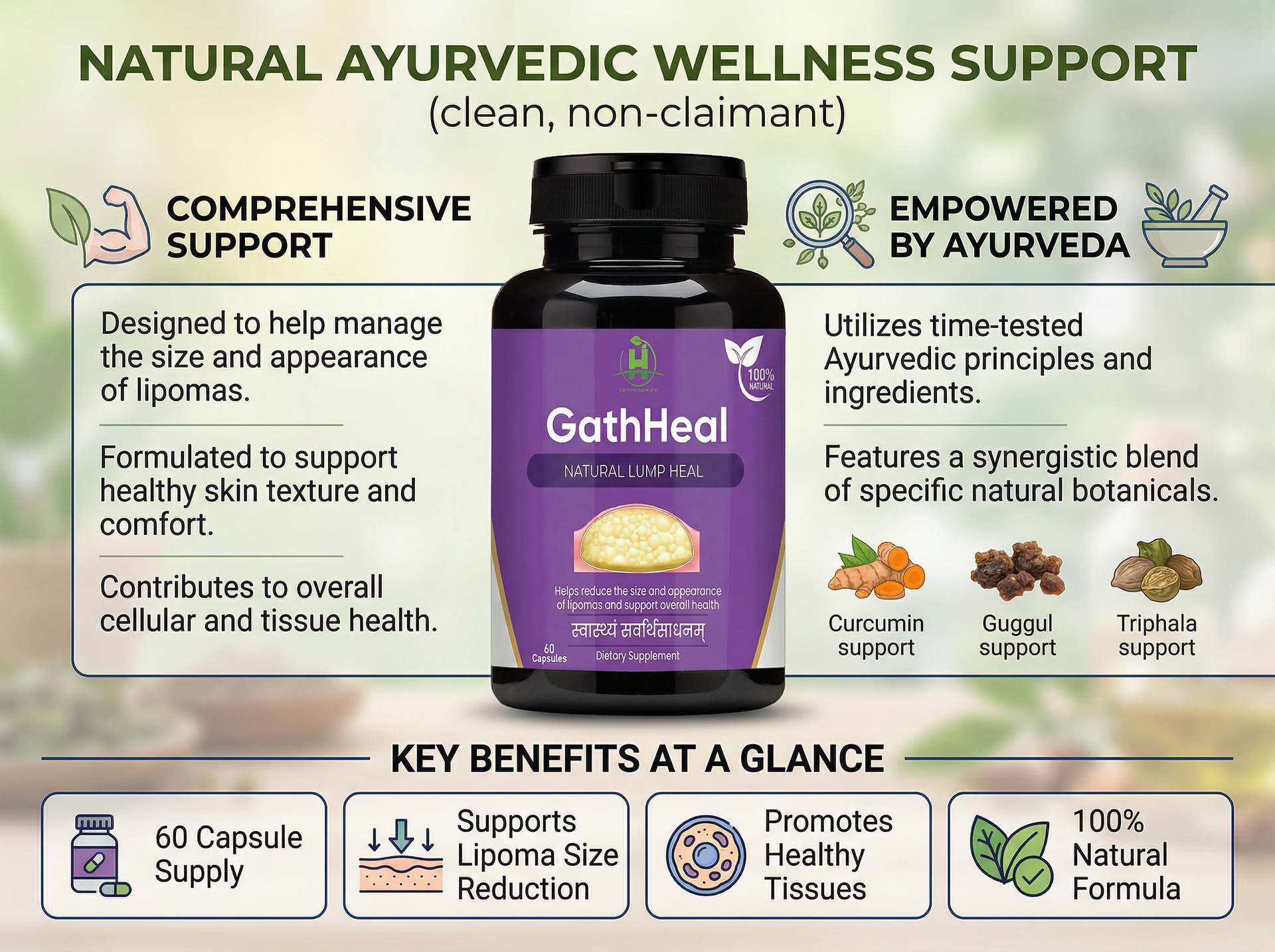 Healthy Nutrition GathHeal Herbal Supplement Capsules with Ashwagandha, Turmeric, White Willow & Bakuchi | Ayurvedic Botanical Wellness Support | Non-GMO Herbal Blend | 60 Capsules