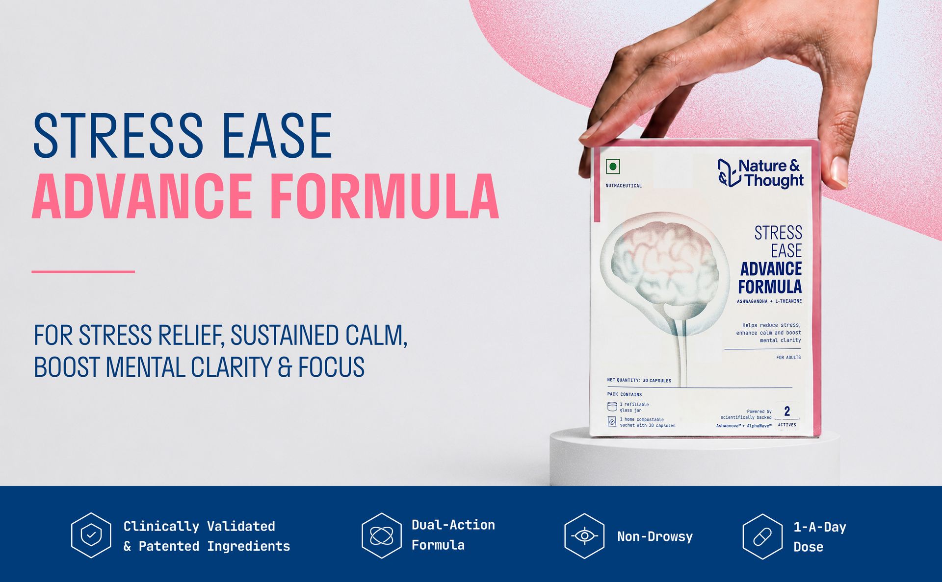 Nature & Thought Stress Ease Advance Formula | Clinically Validated Ingredients | Extended Release Ashwagandha ASHWANOVA™ & Alphawave™ L-Theanine | Stress Relief, Relaxation & Mental Clarity | 30N Veg Capsules