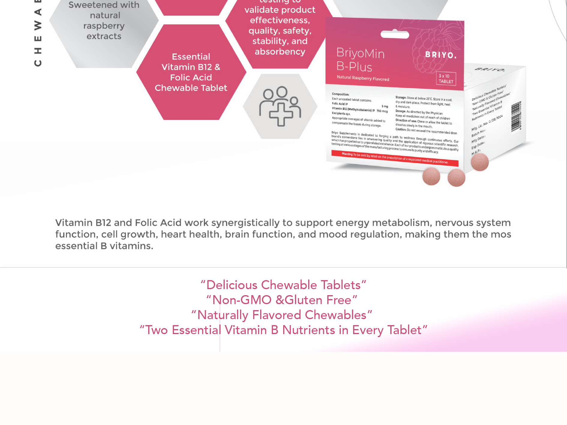 Briyomin B Plus: Raspberry Flavored Chewable Tablets-5 Mg Folic Acid&750 Mcg Vitamin B12 Supports Red Blood Cells,Dna Synthesis,And Nervous System Health (5X10 Tablet)
