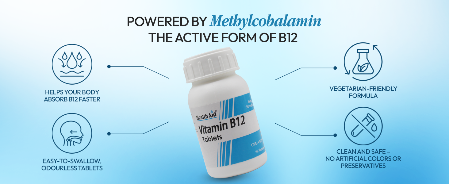 HealthAid Vitamin B12 Supplement | Supports Energy, Reduces Tiredness & Aids Blood Health | 60 Tablets for Men & Women