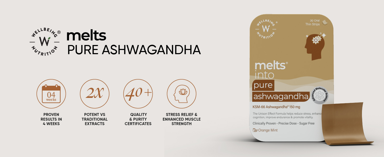 Wellbeing Nutrition Melts Pure Ashwagandha | Clinically Proven Organic KSM-66 Ashwagandha Natural Stress & Anxiety Relief | Extra Strength | For Vitality, Strength, Energy & Stamina, 30 Oral Strips