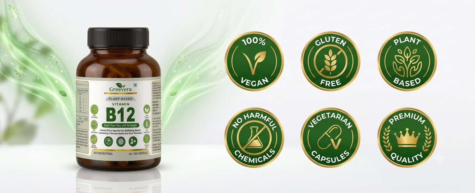 Vitamin B12 Green Superfood Capsule – Natural B12 Support for Energy, Brain Health, and Blood Formation | Plant-Based Daily Nutrition | 100% Vegan & Gluten-Free
