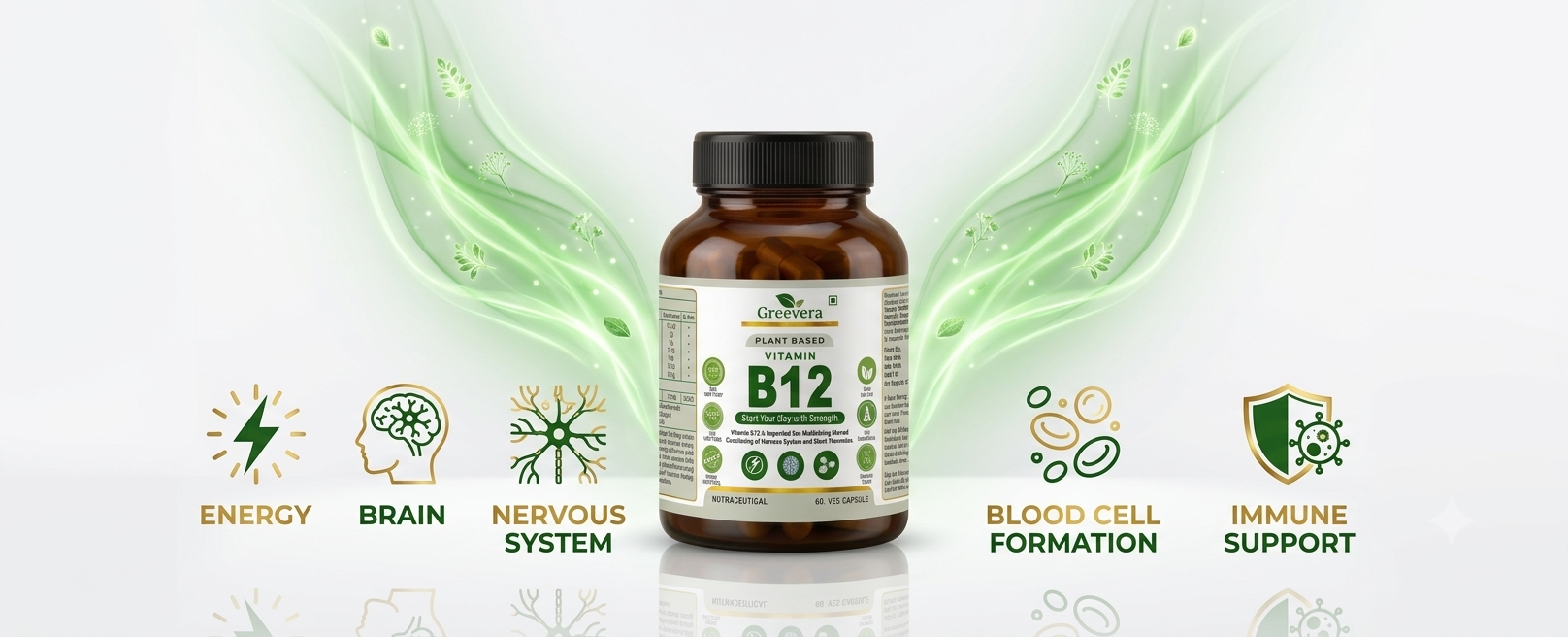 Vitamin B12 Green Superfood Capsule – Natural B12 Support for Energy, Brain Health, and Blood Formation | Plant-Based Daily Nutrition | 100% Vegan & Gluten-Free