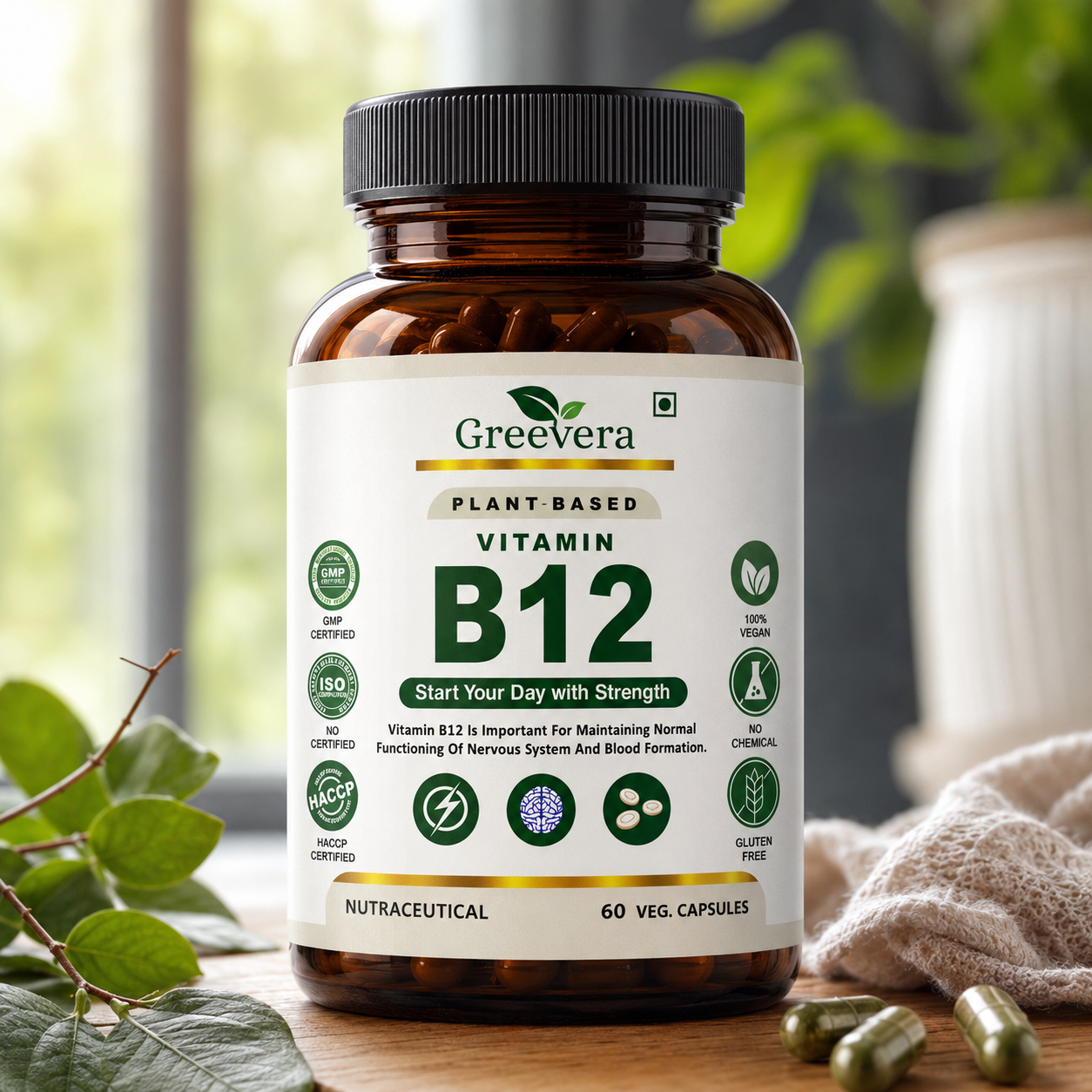 Vitamin B12 Green Superfood Capsule – Natural B12 Support for Energy, Brain Health, and Blood Formation | Plant-Based Daily Nutrition | 100% Vegan & Gluten-Free