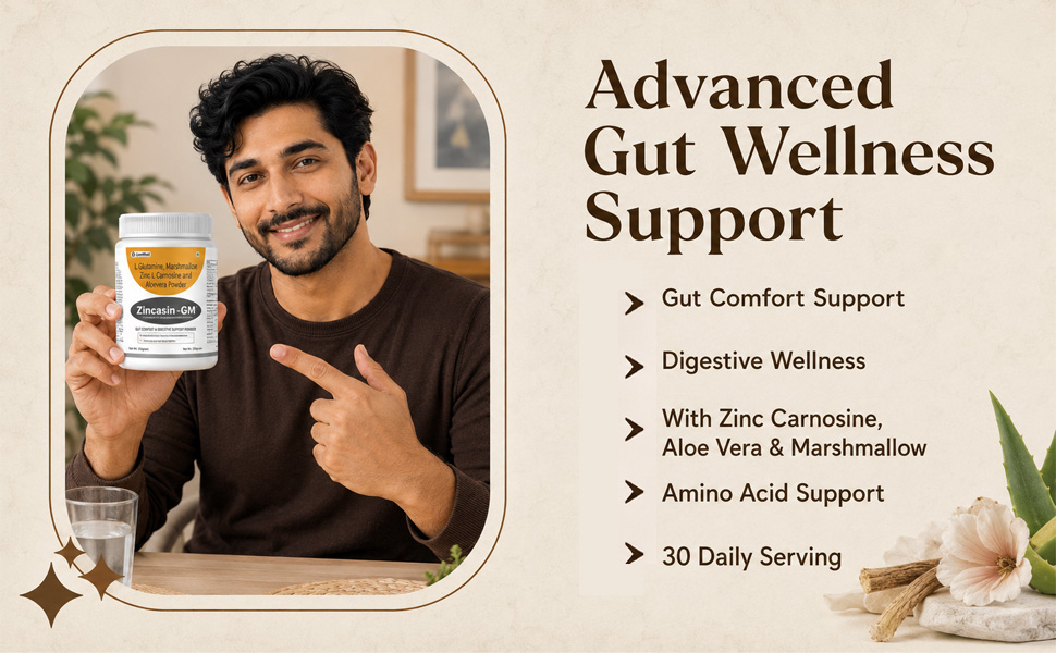 Zincasin -GM (LeeWell) L-GLUTAMINE Pure Powder for Gut health, Zinc carnosine, Aloe Vera, Marshmallow | Gut Lining Repair Support | Support Gut Permeability, Leaky Gut, Intestine Lining, Ulcer Health - 250g Powder