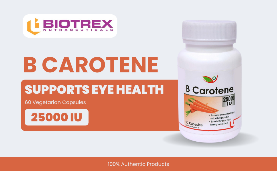 Biotrex Beta Carotene 25000IU - Essential for good vision, healthy hair and skin (60 Capsules), nutritional supplement, multivitamins, vitamin capsules, for men, women and adults, health supplements,