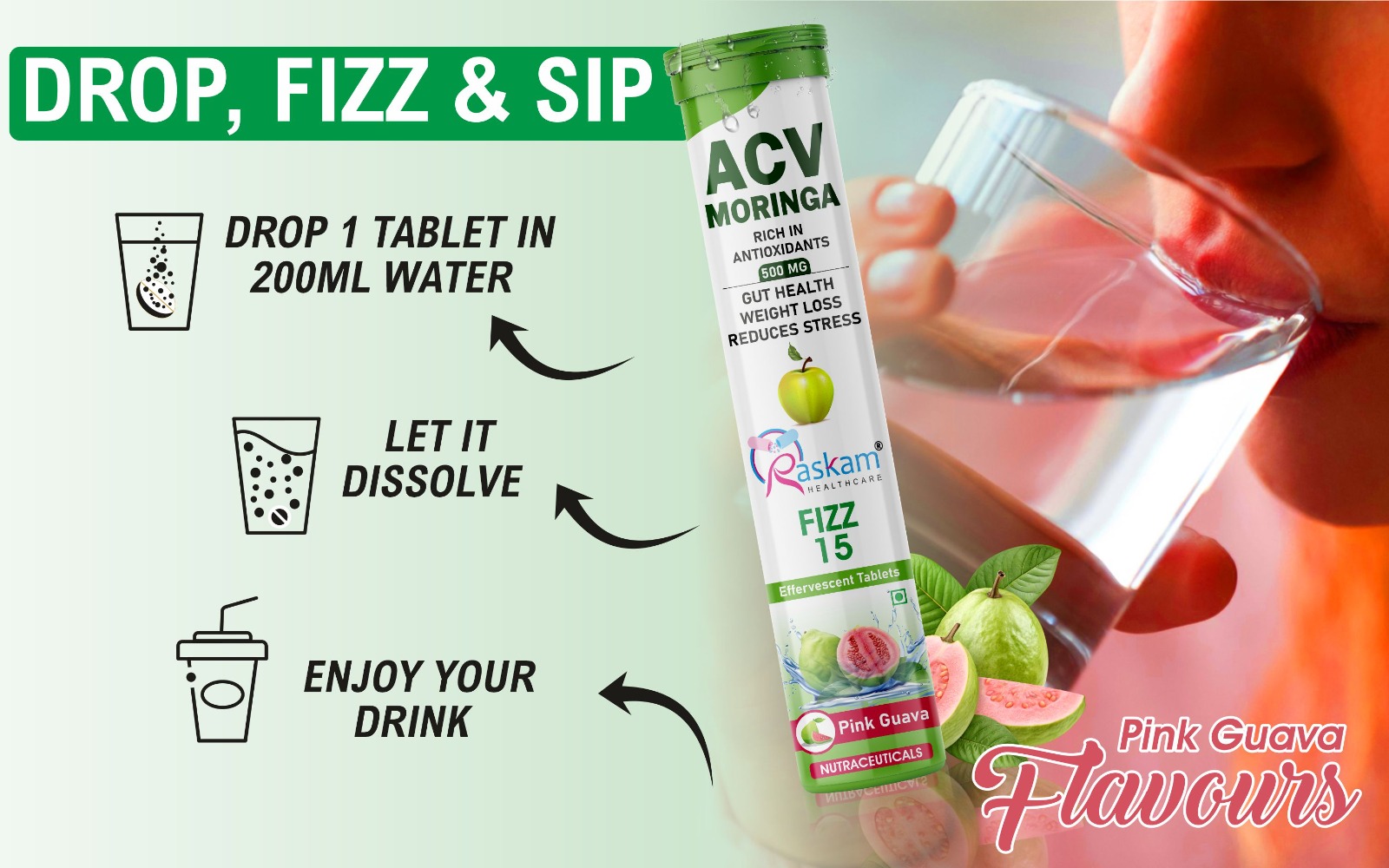 Apple Cider Vinegar Moringa Fizz Tablets 500mg – Pink Guava, Antioxidant & Immunity Booster, No Added Sugar – 15 Effervescent Tabs (Pack of 2)