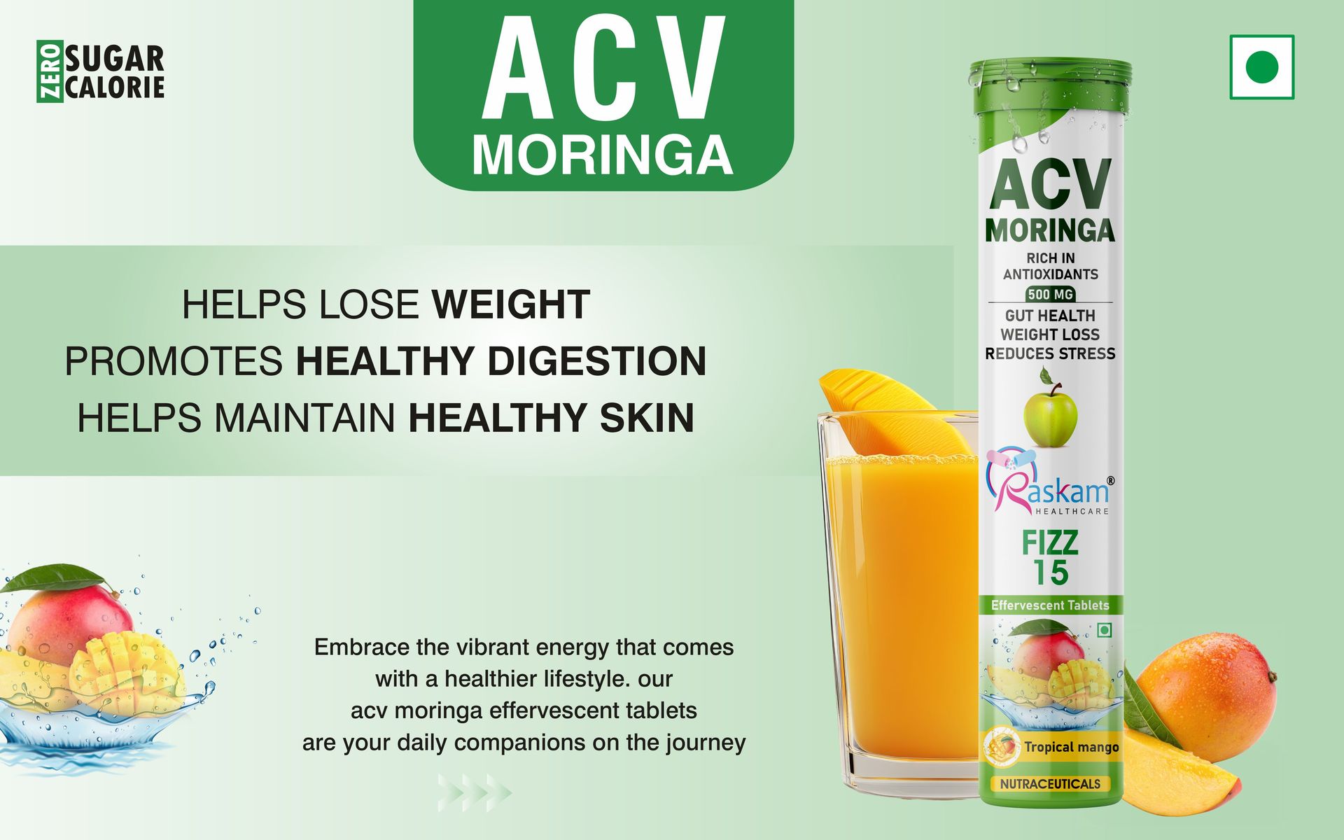 Apple Cider Vinegar (ACV) with Moringa Effervescent Tablets 500mg – Tropical Mango Flavor, No Added Sugar, Supports Appetite Control, Immunity & Natural Energy – 15 Fizz Tabs (Pack of 1)