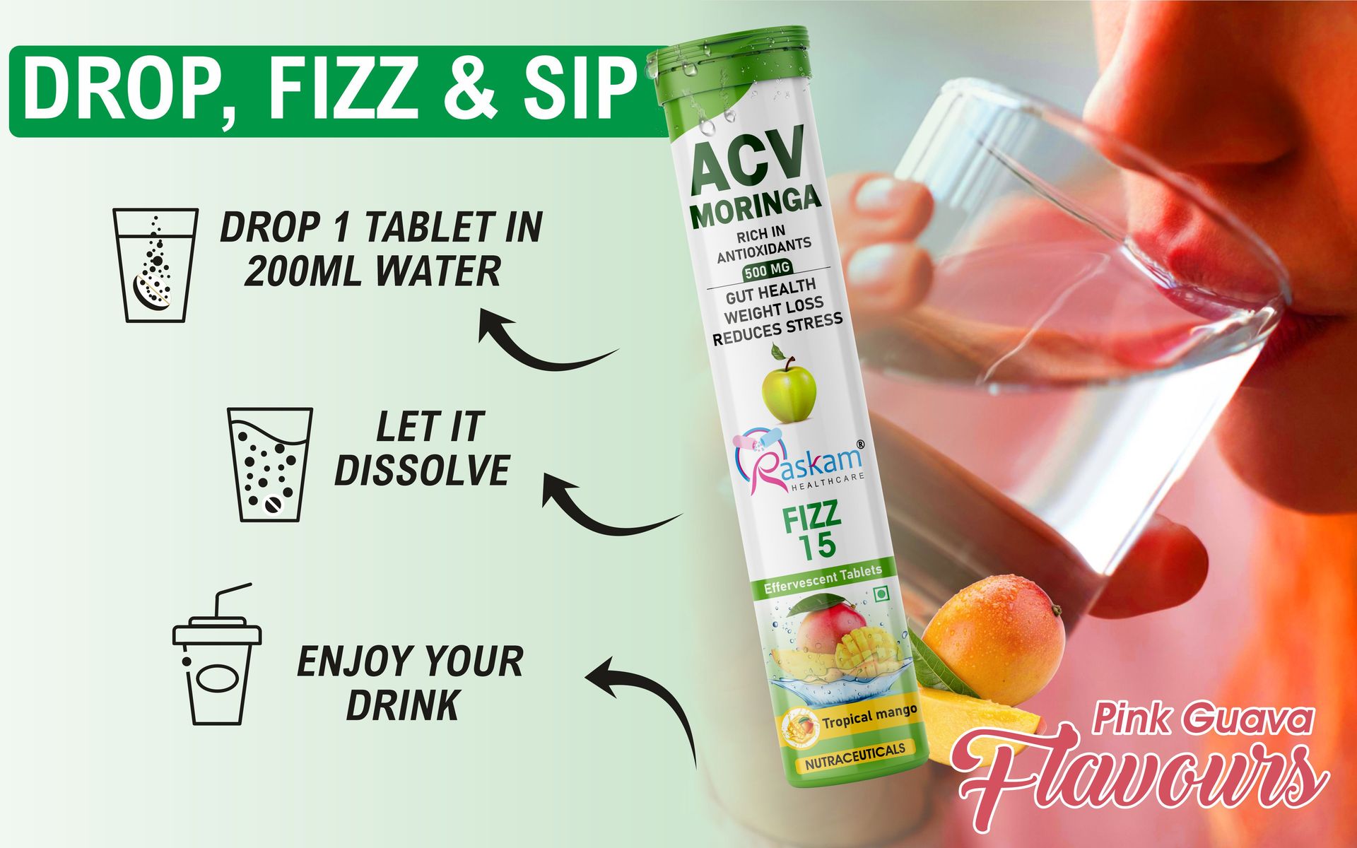 Apple Cider Vinegar (ACV) with Moringa Effervescent Tablets 500mg – Tropical Mango Flavor, No Added Sugar, Supports Appetite Control, Immunity & Natural Energy – 15 Fizz Tabs (Pack of 1)