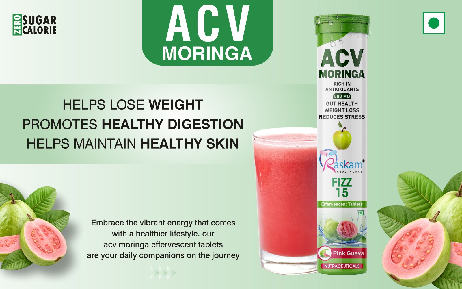 ACV Moringa Effervescent Drink Tablets 500mg – Pink Guava, Antioxidant Immunity Booster, No Sugar Added – 15 Fizz Tabs (Pack of 6)