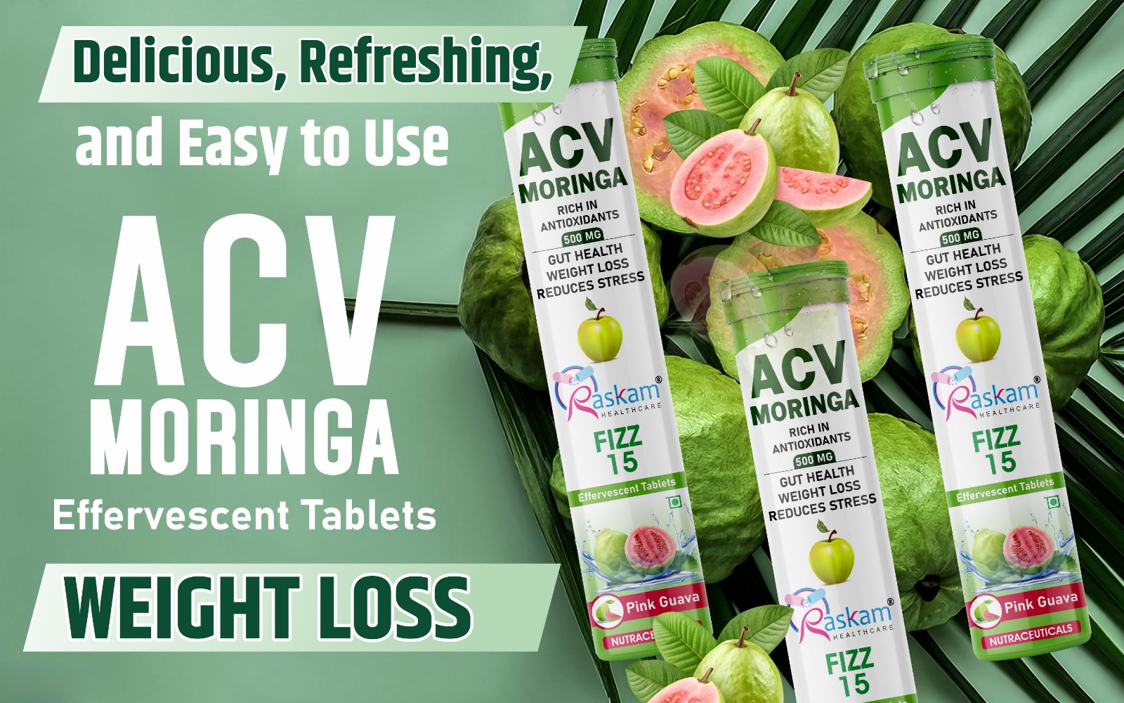 ACV Moringa Effervescent Drink Tablets 500mg – Pink Guava, Antioxidant Immunity Booster, No Sugar Added – 15 Fizz Tabs (Pack of 6)