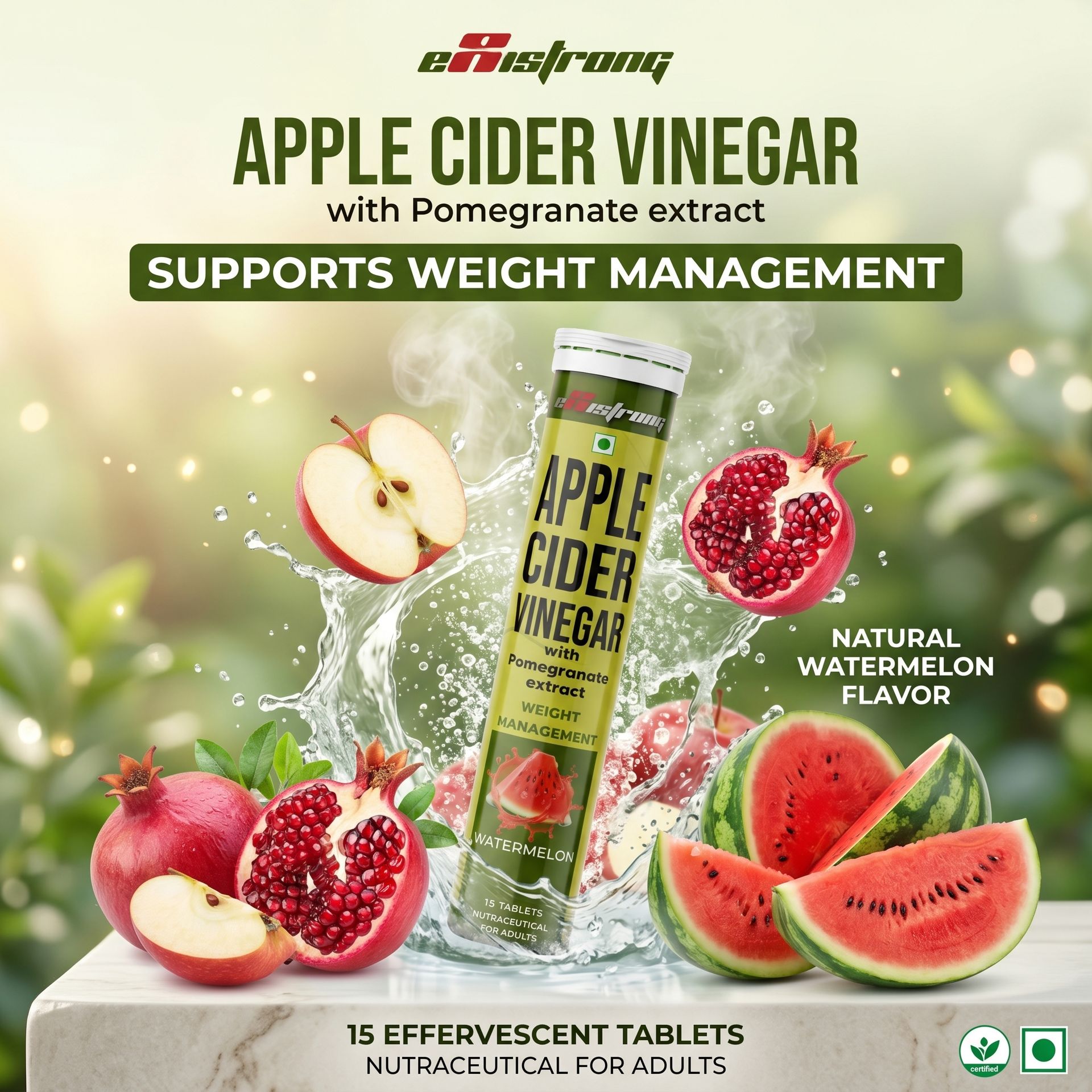 Apple Cider Vinager Effervescent Tablet With Pomgranate Extract | Appetite Control & Supports Metabolism (Pack Of 4, Watermelon Flavor 60 Tablet)