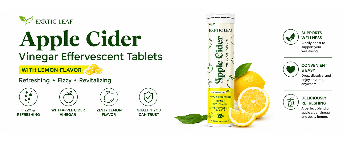 ACV Apple Cider Vinegar Effervescent Tablets | Lemon Flavour | 500mg ACV with Mother Garcinia, Moringa, Vitamin B6 & B12 | Daily Wellness & Weight Management Support | 20 Tablets Pack of 4