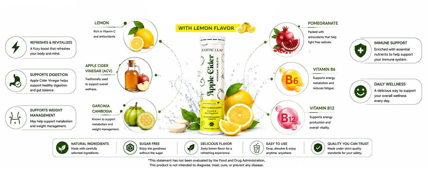 ACV Apple Cider Vinegar Effervescent Tablets | Lemon Flavour | 500mg ACV with Mother Garcinia, Moringa, Vitamin B6 & B12 | Daily Wellness & Weight Management Support | 20 Tablets Pack of 4