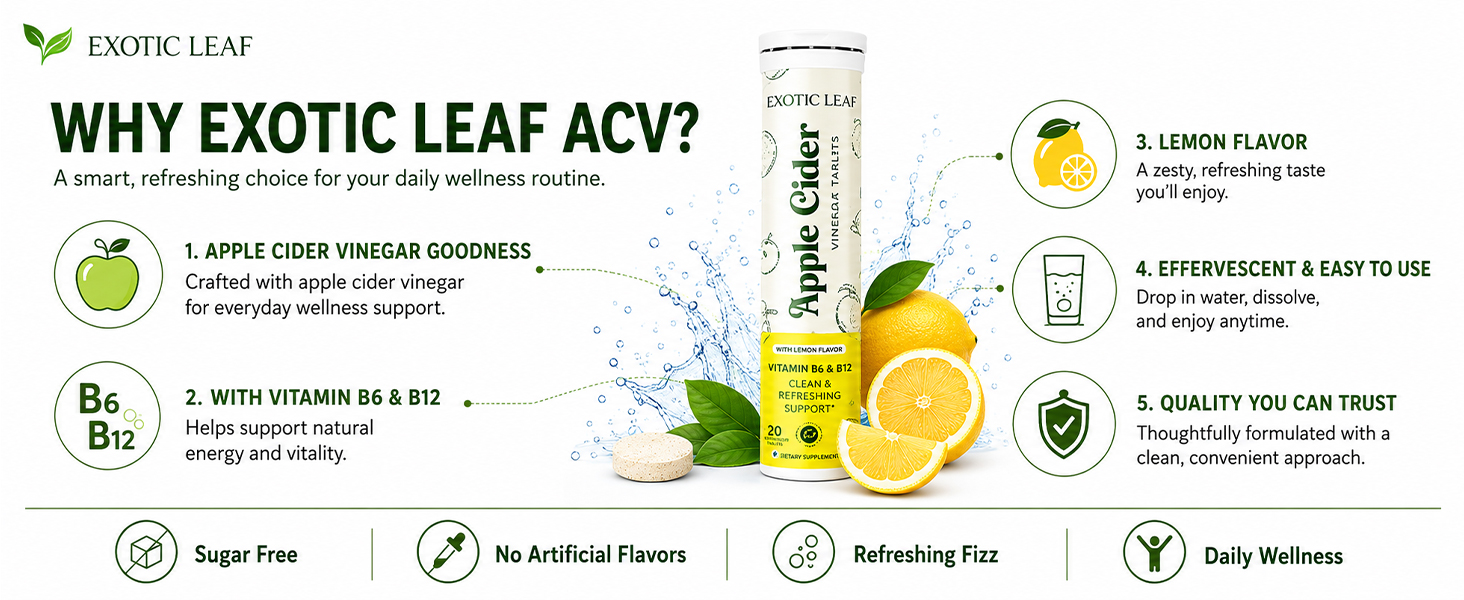 ACV Apple Cider Vinegar Effervescent Tablets | Lemon Flavour | 500mg ACV with Mother Garcinia, Moringa, Vitamin B6 & B12 | Daily Wellness & Weight Management Support | 20 Tablets Pack of 4