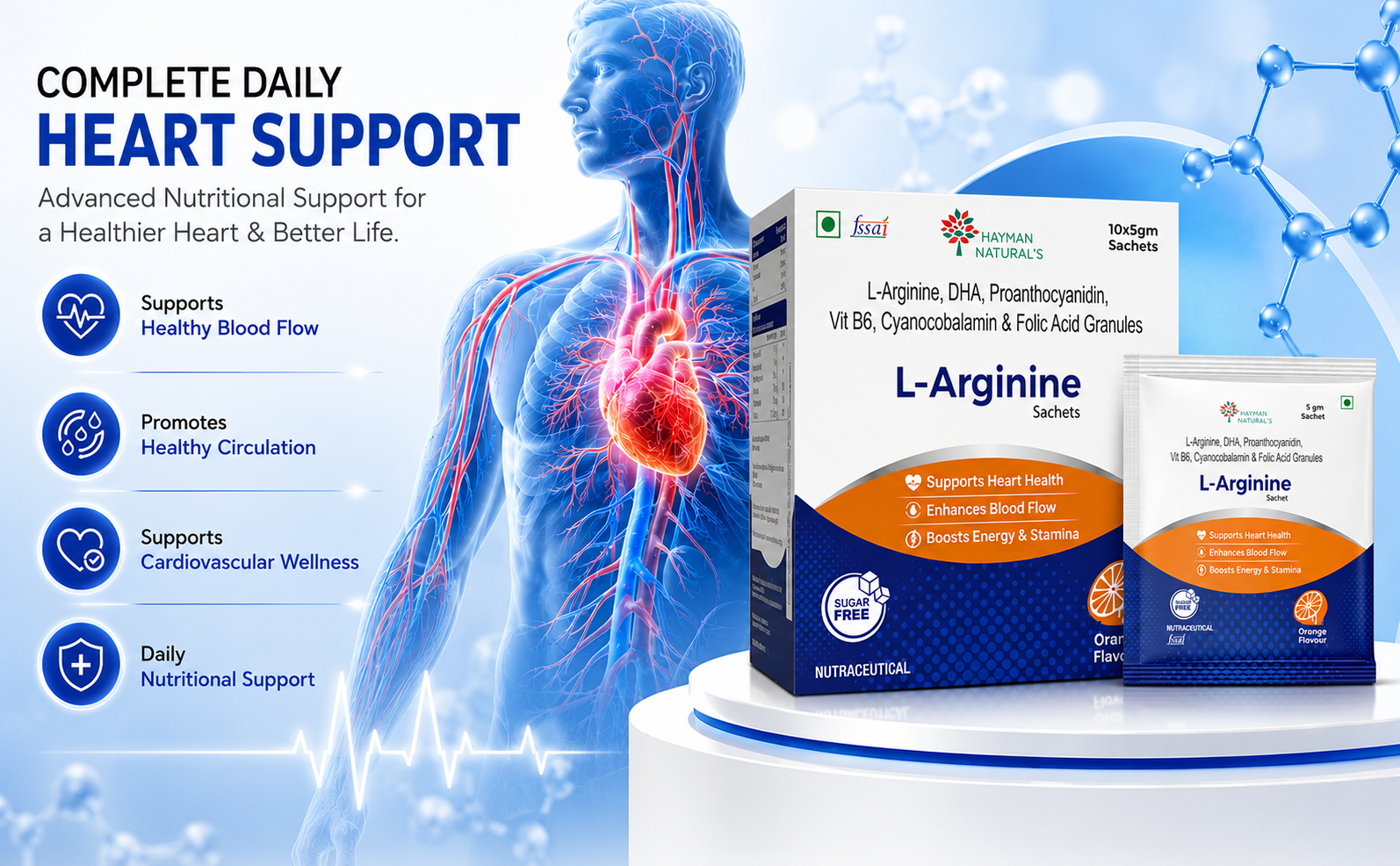 Hayman Natural's L-Arginine Powder Sachets - Sugar Free, L-Arginine Supplement Powder for Pre-Workout, Muscle Recovery & Stamina for Men & Women, Orange Flavour, 5g, 10 Sachets