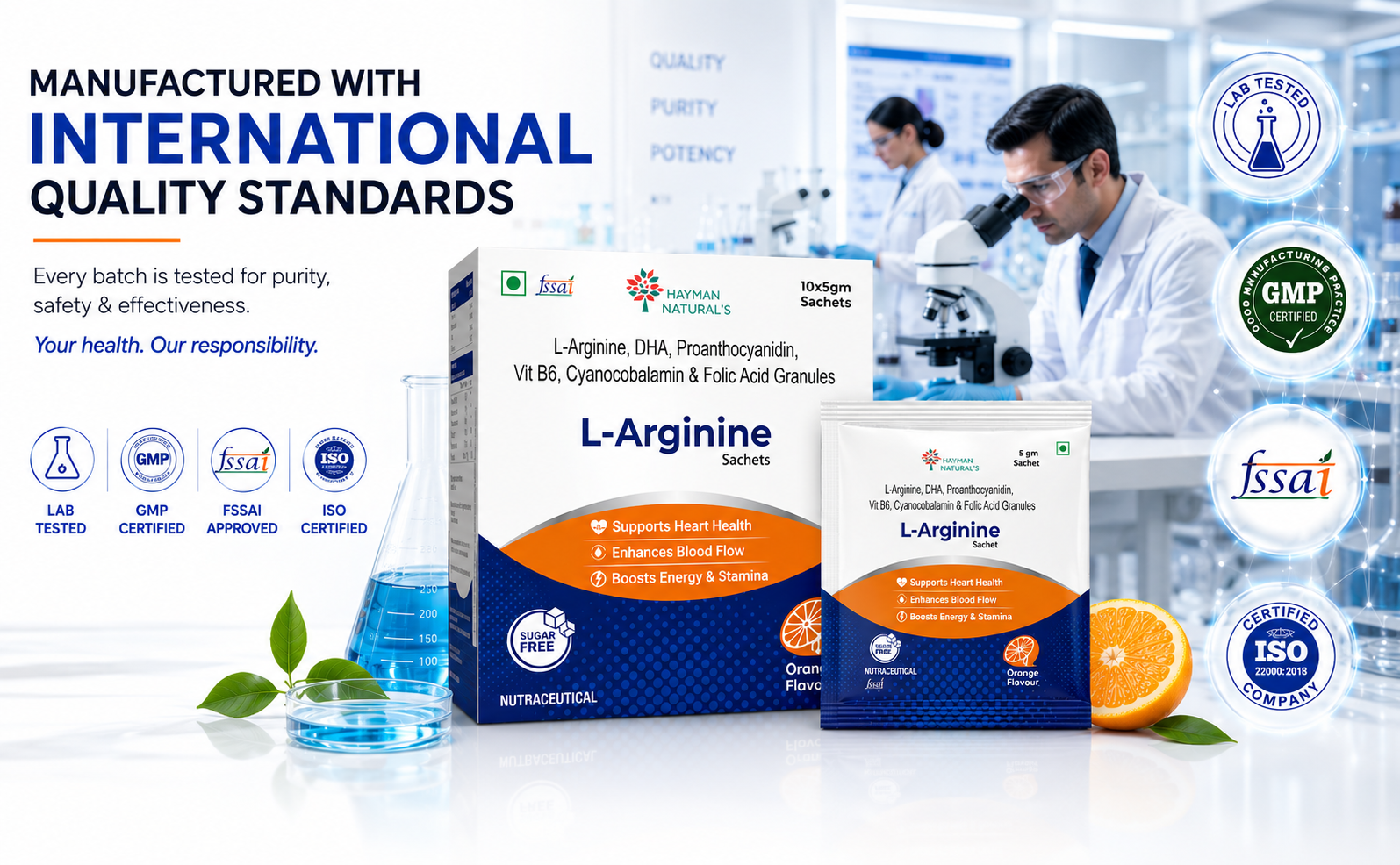 Hayman Natural's L-Arginine Powder Sachets - Sugar Free, L-Arginine Supplement Powder for Pre-Workout, Muscle Recovery & Stamina for Men & Women, Orange Flavour, 5g, 10 Sachets