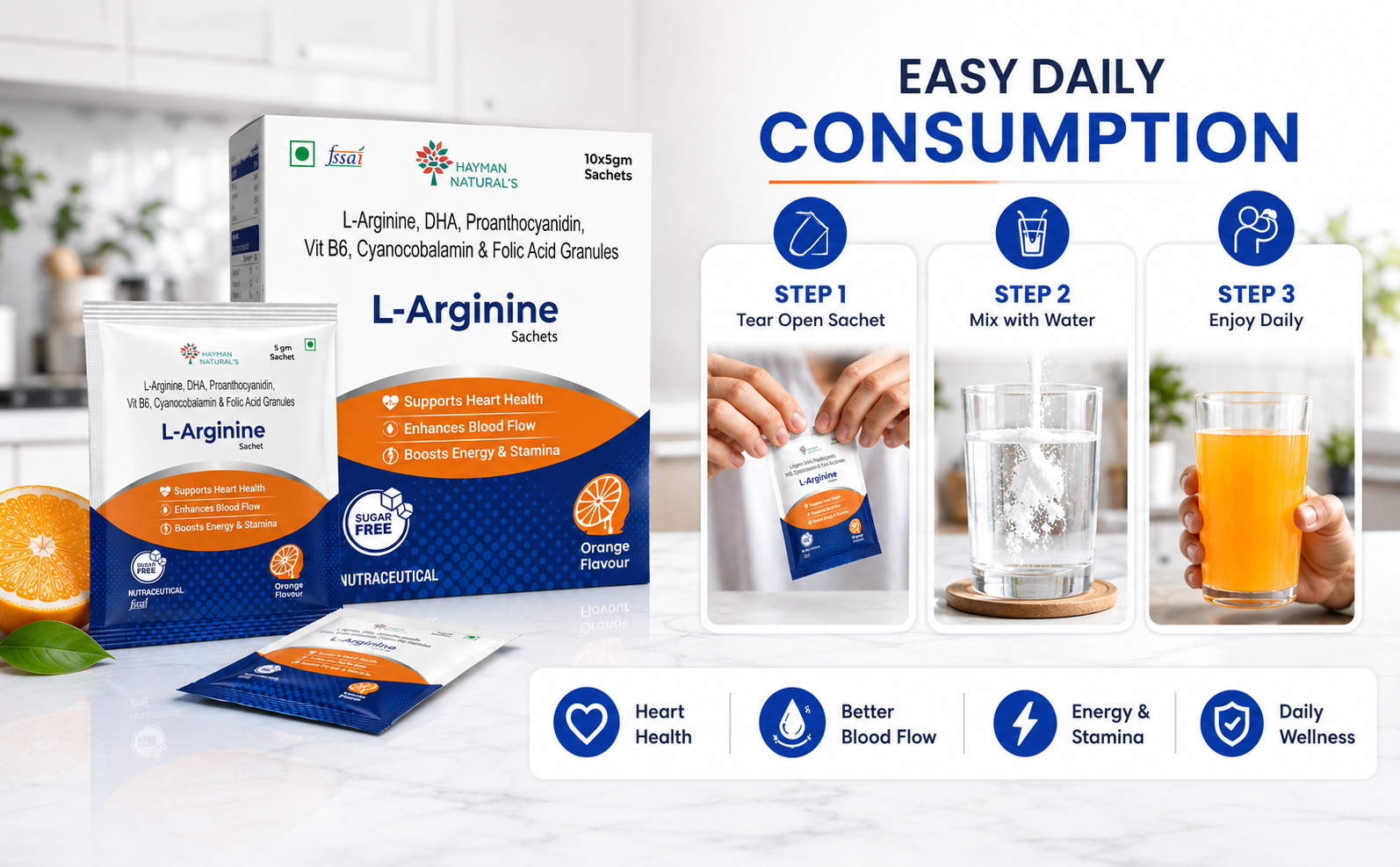 Hayman Natural's L-Arginine Powder Sachets - Sugar Free, L-Arginine Supplement Powder for Pre-Workout, Muscle Recovery & Stamina for Men & Women, Orange Flavour, 5g, 10 Sachets