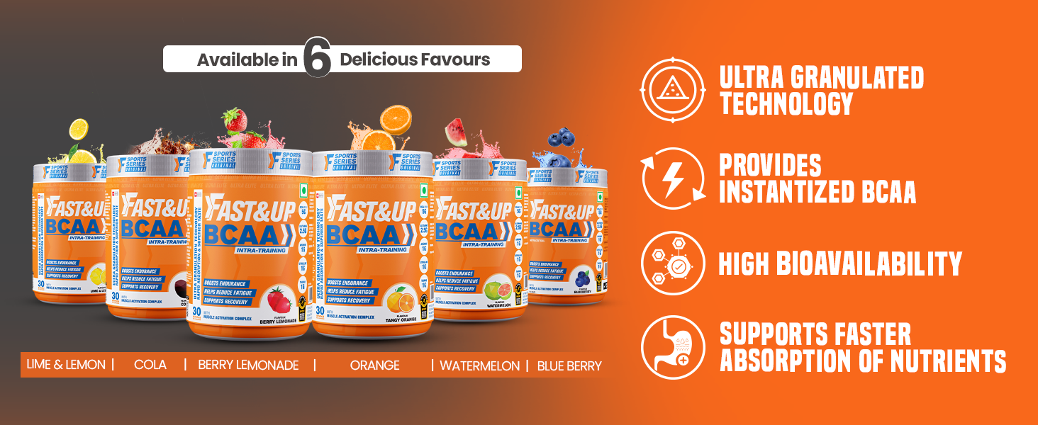FAST&UP BCAA Orange Flavour Advanced BCAA Supplement with Glutamine, Citrulline, L-Arginine & Taurine - Pre/Post Workout & Intra Workout Supplement Powder for Adults(450gm, 30 Servings)