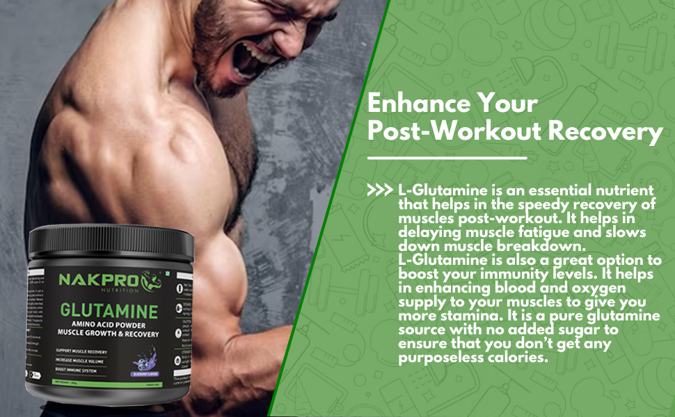 Nakpro L-Glutamine Powder - JAR | 4g Glutamine Per Serving, 50 Servings | Post Workout Amino Acid Protein Supplement for Muscle Growth and Recovery (Blueberry, 250g)