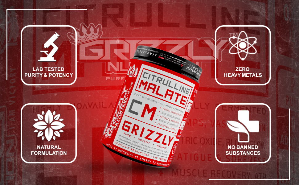 Grizzly Nutrition, Pure Citrulline Malate, no added flavor, color, True Athlete Professional Standard - Highly Bioavailable, Amino support, 200 grams 65 servings, Muscle vascularity