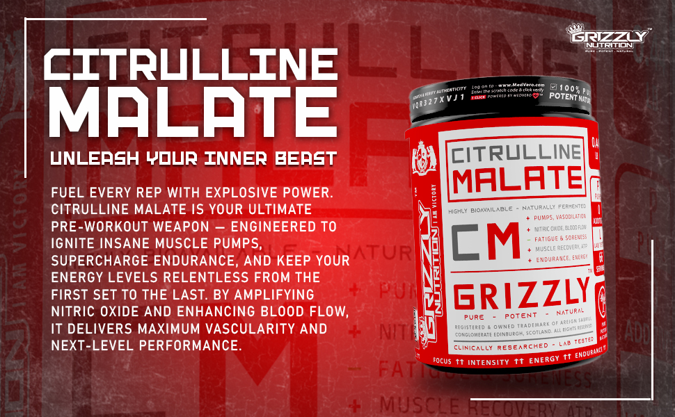 Grizzly Nutrition, Pure Citrulline Malate, no added flavor, color, True Athlete Professional Standard - Highly Bioavailable, Amino support, 200 grams 65 servings, Muscle vascularity