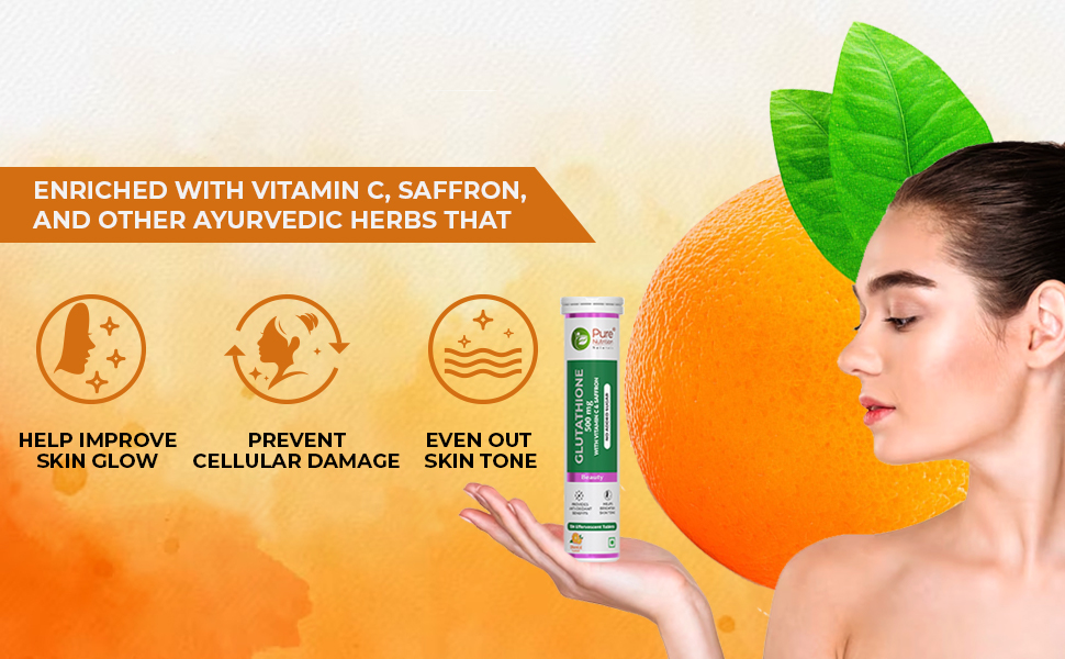 Pure Nutrition L-Glutathione 500mg 15 Effervescent Tablets for Men & Women | With Vitamin C & Saffron | Anti-Aging Antioxidants for Glowing & Clear Skin | Supports Skin Brightening, Detox & Immunity | Orange Flavour