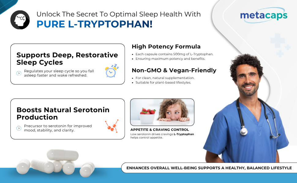 MetaCaps Pure L-Tryptophan 500mg β 90 Veg Capsules | Essential Amino Acid for Serotonin & Melatonin Support | Natural Sleep Aid & Mood Regulator | Supports Relaxation & Stress Relief | Non-GMO & Vegan