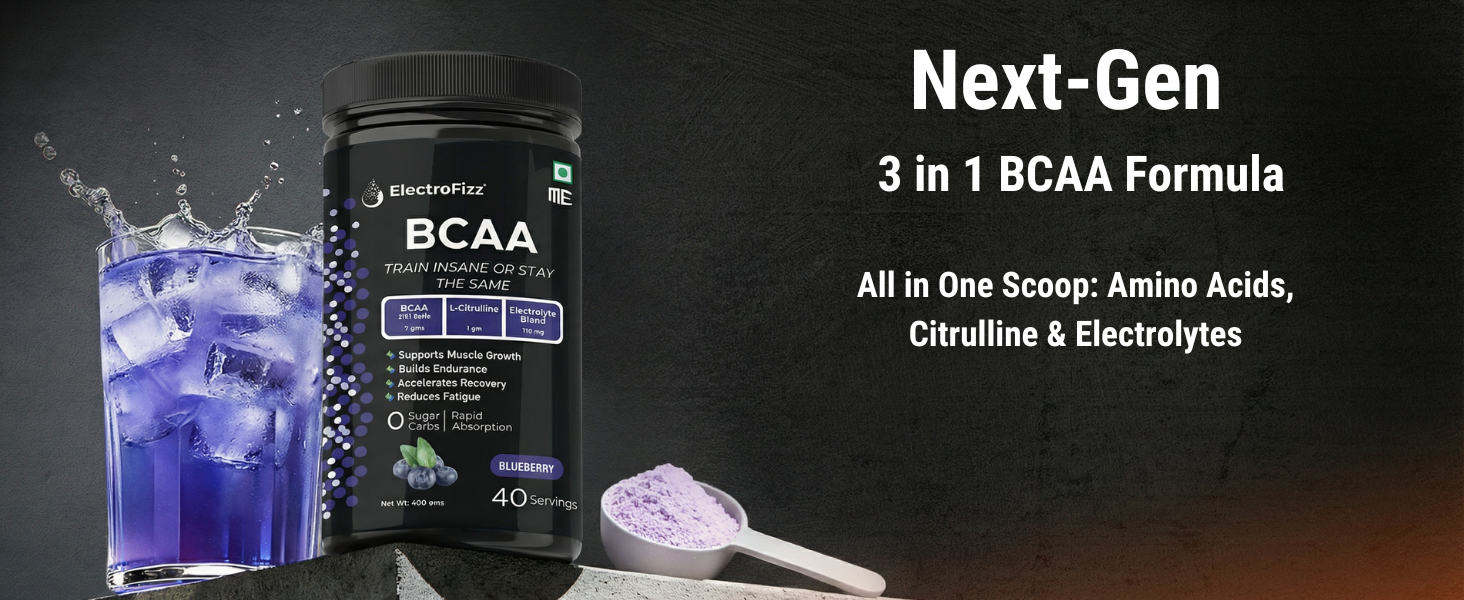 BCAA 2.5 Gms (3:1:1 formula) with Citrulline & Electrolyte Blend for Muscle Recovery & Endurance - Pre/Post Workout & Intra Workout - 100 gms (BCAA Blackcurrant)