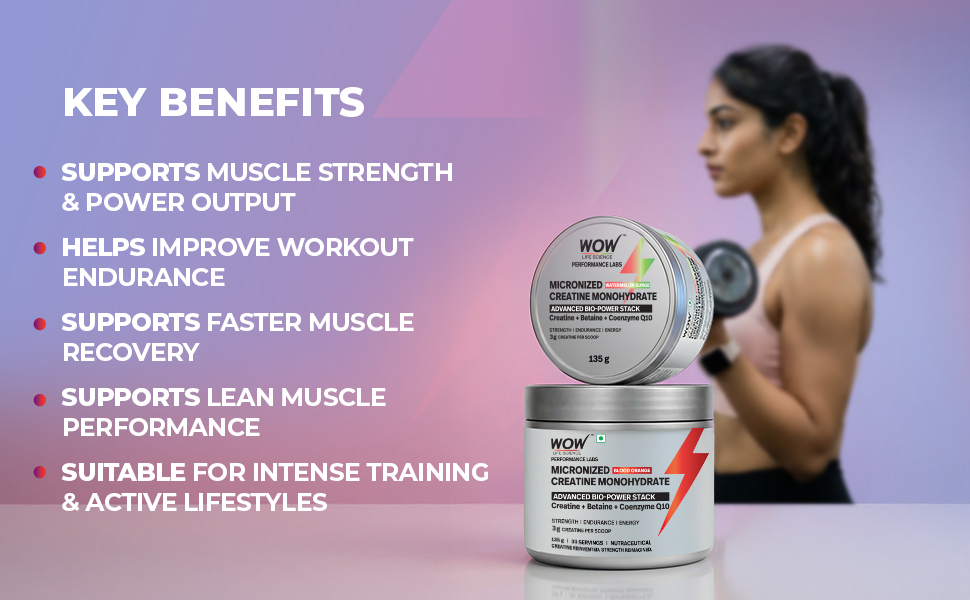 WOW Life Science Micronized Creatine Monohydrate Powder – ADVANCED BIO‑POWER STACK | 3g Creatine per Scoop with Betaine & Coenzyme Q10 | Strength, Power & Lean Muscle Support | No Bloat Formula | No Added Sugar | Great Tasting | For Men & Women | 135g (33 Servings) | Watermelon