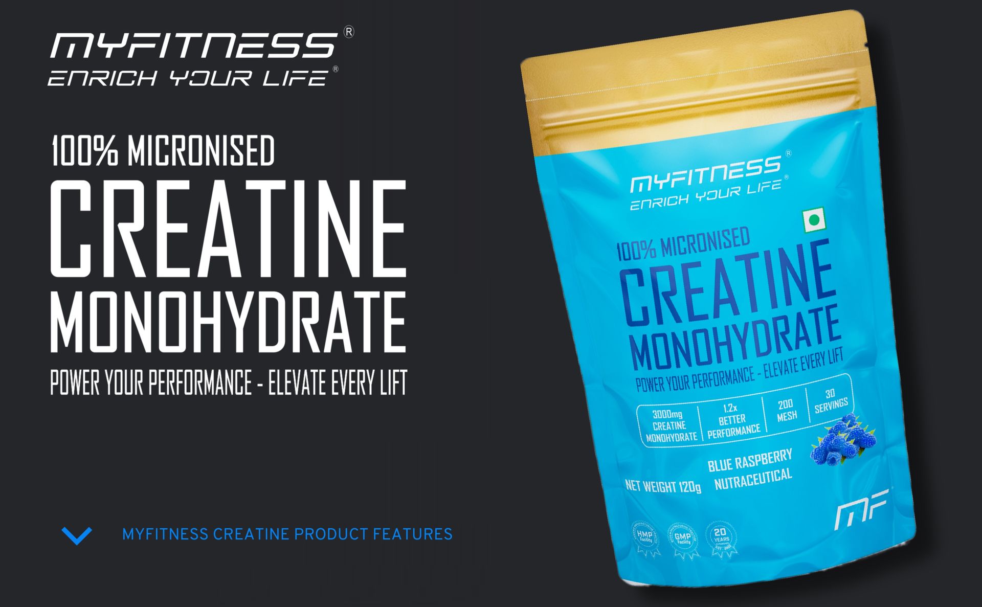 Myfitness Creatine Powder Monohydrate 100% Micronized | 30 Servings | Flavoured | 120g | Creatine Powder With Added Electrolytes (120g (Pack Of 1), Blue Raspberry)