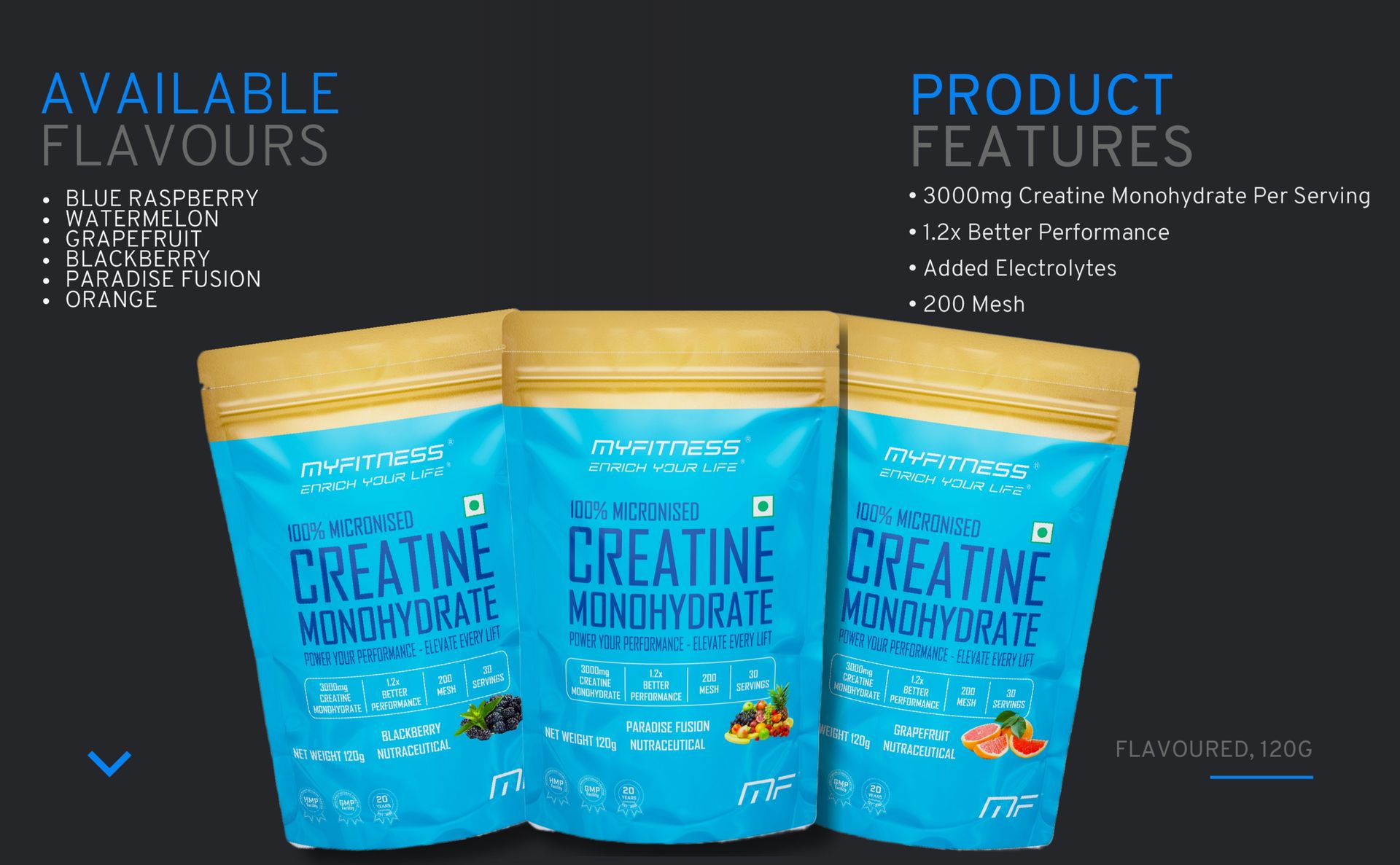 Myfitness Creatine Powder Monohydrate 100% Micronized | 30 Servings | Flavoured | 120g | Creatine Powder With Added Electrolytes (120g (Pack Of 1), Blue Raspberry)